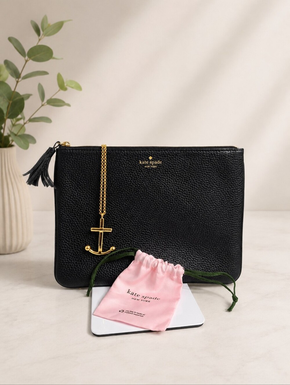 Kate Spade Sienne Black Leather Wristlet + Anchors Away Necklace w/ dusty NWOT